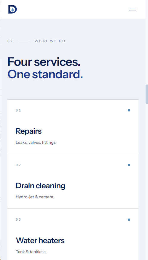 Services: four offerings stacked into one clean column.
