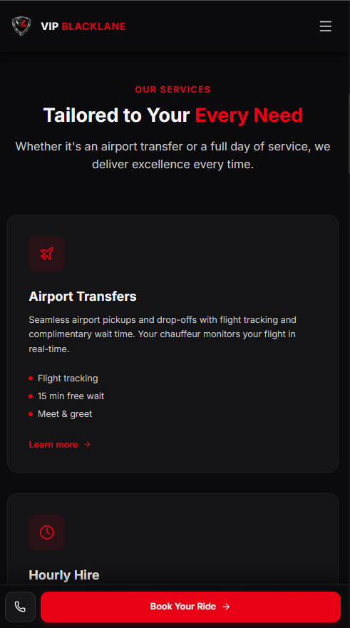 Services: airport transfers and hourly hire, tap-friendly.
