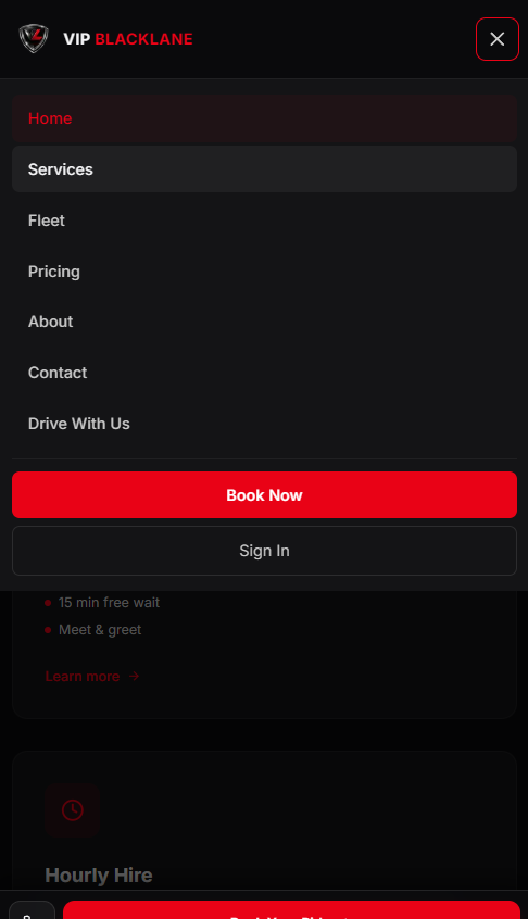 Full-screen navigation with Book Now always in reach.