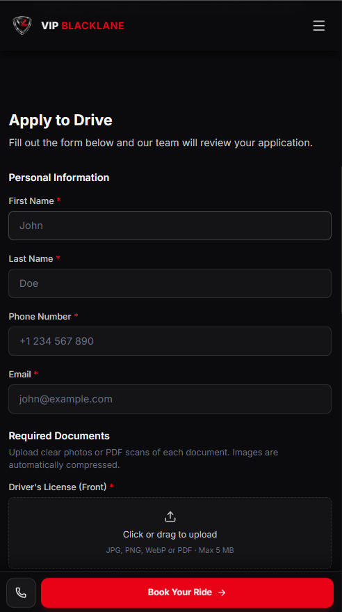 Driver application: structured fields and document upload.